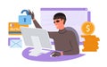 Cartoon hacker using computer, criminal stealing personal digital data information and money. Cybercrime, internet