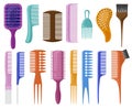 Cartoon hair brushes. Hair care plastic hair combs, fashionable hair styling brush vector illustration set. Hairdresser