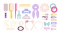 Cartoon hair slide and clips, girls hairbands items. Plastic pins, flat fabric rubbers. Hairdressing equipment, fashion