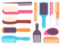 Cartoon hairbrushes and professional comb for hair styling. Curling and style brush. Hairdresser, stylist and beauty Royalty Free Stock Photo