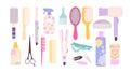 Cartoon hairdressing tools, cosmetics and equipment. Barbershop tool, brushes, scissors and hair dryer. Professional