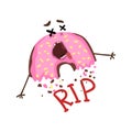 Cartoon half-eaten donut with pink glaze and sprinkles. Dead doughnut with cross eyes and stuck-out tongue. RIP. Funny