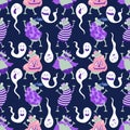 Cartoon Halloween animals carnival costumes seamless frogs and pumpkins pattern for wrapping and kids party