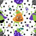 Cartoon Halloween animals carnival costumes seamless frogs and pumpkins pattern for wrapping and kids party