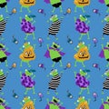 Cartoon Halloween animals carnival costumes seamless frogs and pumpkins pattern for wrapping and kids party