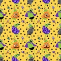 Cartoon Halloween animals carnival costumes seamless frogs and pumpkins pattern for wrapping and kids party