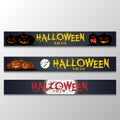 Cartoon halloween banners set. Grunge styled horizontal halloween banners with `Happy Halloween` typography. Vector illustration