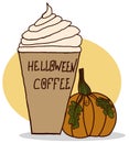 Cartoon halloween coffee and orange pumpkin