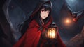 cartoon halloween costume witch with a lantern 16 anime A seductive anime girl with long black hair and red eyes Royalty Free Stock Photo