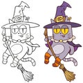 Cartoon Halloween flying cat in witch hat