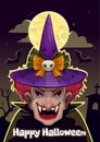 Cartoon Halloween greeting card with creepy witch face. Royalty Free Stock Photo