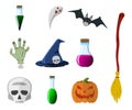 Cartoon Halloween icon set. Pumpkin, Deadman`s Hand, Skull, Flas