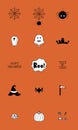 Cartoon Halloween icon set vector. pumpkin, ghost, bat, graves, spider, coffin, Boo, bat, cake, candy, witch hat and trick or Royalty Free Stock Photo