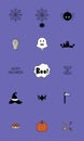 Cartoon Halloween icon set vector. pumpkin, ghost, bat, graves, spider, coffin, Boo, bat, cake, candy, witch hat and trick or Royalty Free Stock Photo