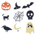 Cartoon Halloween icon set vector simple cartoon style. Pumpkin, ghost, bat, skull, cat, witches hat, crow or raven