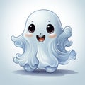 Cartoon Halloween kawaii ghost character holding candies. Isolated baby spook personage with a friendly smile, ready to