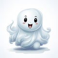 Cartoon Halloween kawaii ghost character holding candies. Isolated baby spook personage with a friendly smile, ready to