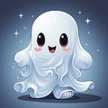 Cartoon Halloween kawaii ghost character holding candies. Isolated baby spook personage with a friendly smile, ready to