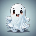 Cartoon Halloween kawaii ghost character holding candies. Isolated baby spook personage with a friendly smile, ready to