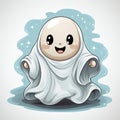 Cartoon Halloween kawaii ghost character holding candies. Isolated baby spook personage with a friendly smile, ready to