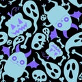 Cartoon Halloween monsters seamless bats and pumpkins and ghost and bones pattern for wrapping paper