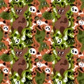 Cartoon Halloween monsters seamless devils and pumpkins and ghost animals skulls pattern for wrapping paper Royalty Free Stock Photo
