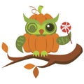 Cartoon Halloween orange pumpkin owl flat poster