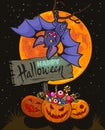Cartoon Halloween poster. Text Happy Halloween, vampire bat, pumpkins, on full moon background. Vector illustration Royalty Free Stock Photo