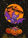 Cartoon Halloween poster. Cute fanny vampire bat and pumpkins on full moon background. Vector illustration Royalty Free Stock Photo