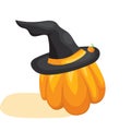 Cartoon Halloween pumpkin in black witches hat Simple vector