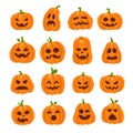 Cartoon halloween pumpkin. Orange pumpkins with carving scary smiling faces. Decoration gourd vegetable happy face vector icon set Royalty Free Stock Photo