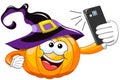 Cartoon halloween pumpkin selfie smartphone