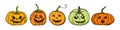 Cartoon halloween pumpkin. set of Orange pumpkins with carving scary smiling cute glowing faces. design for holiday greeting card Royalty Free Stock Photo