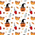 Cartoon Halloween pumpkin witch candies vector seamless pattern