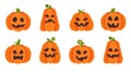 Cartoon halloween pumpkins. Carving scary pumpkins, spooky jack-o-lantern with grimace faces. October holiday decorations flat Royalty Free Stock Photo