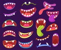 Cartoon halloween scary monster mouths with teeth and tongue. Funny monsters characters expressions, creatures open