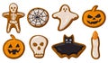 Cartoon Halloween spooky gingerbread cookies, pumpkin, skull and ghost