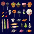 Cartoon halloween sweets on navy blue background. Halloween decoration set. Vector illustration