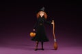 Cartoon Halloween witch with broom on purple background. 3d render