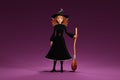 Cartoon Halloween witch with broom on purple background. 3d render