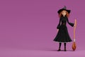 Cartoon Halloween witch with broom on purple background. 3d render