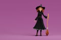 Cartoon Halloween witch with broom on purple background. 3d render