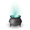 Cartoon Halloween witch cauldron with potion and stream on white background. Black pot with magic brew. Vector