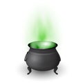 Cartoon Halloween witch cauldron with potion and stream on white background. Black pot with magic brew. Vector