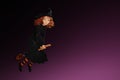 Cartoon Halloween witch flying on broom on purple background. 3d render