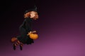Cartoon Halloween witch flying on broom on purple background. 3d render