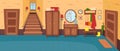 Cartoon hallway background. Panorama with stairs, doors, wardrobe, chest of drawers, mirror, coat rack with clothes, umbrella.