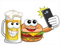 Cartoon hamburger beer characters taking selfie smartphone isolated