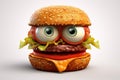 Cartoon hamburger with big eyes on kind expression, delicious fast food on white background. Popular street fast food