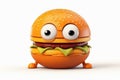 Cartoon hamburger with big eyes on kind expression, delicious fast food on white background. Popular street fast food